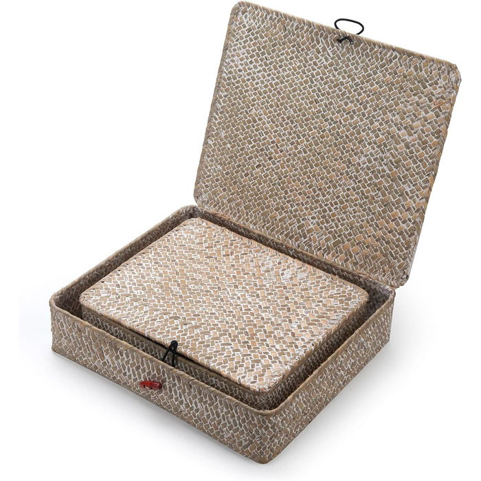 Прямокутний кошик для зберігання з ротанга, полиці з натуральної плетеної морської трави з кришками, 2 предмети (великий малий для білої білизни)