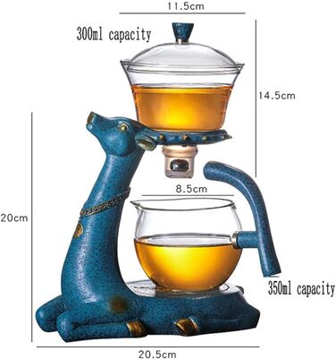 Набір скляних чайників RORA з напівавтоматичним обертанням та ситечком для чаю, Лінивий Кунг-Фу, (Олень) Синій