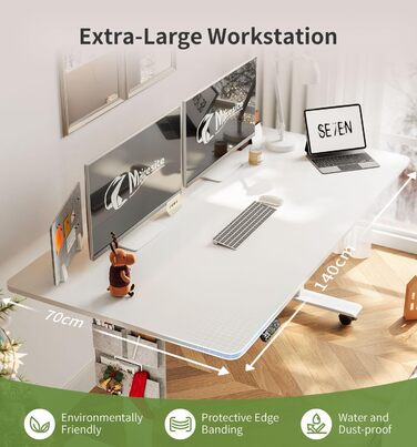 Письмовий стіл з регульованою висотою (140 x 70 см) Комп&39ютерний стіл з електричним регулюванням висоти, 4 режимами пам&39яті, дошкою для записів та колесами, що обертаються на 360 Стіл SN1 140 x 70 см Білий біла рама