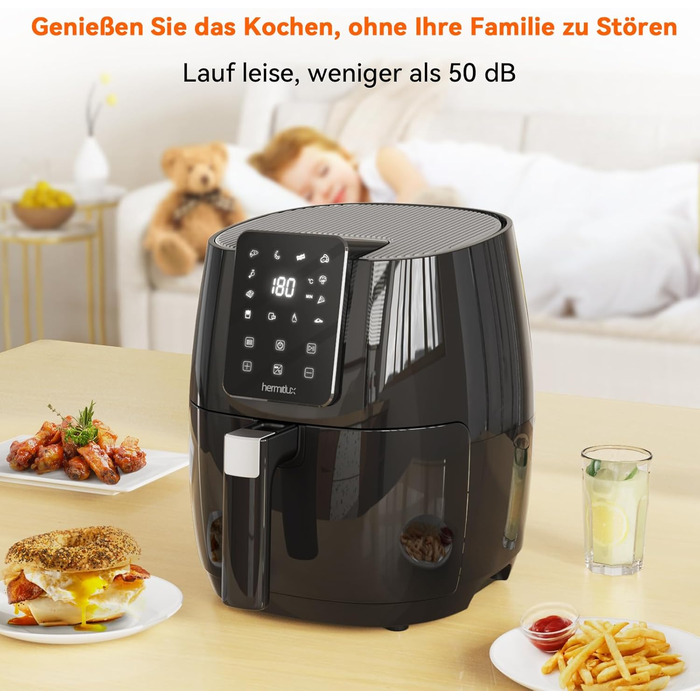 Фритюрниця Hermitlux 5.5 л XXL, 10 програм фритюрниці з цифровим світлодіодним сенсорним екраном, фритюрниця з гарячим повітрям без олії, попередній нагрів і підтримання тепла, з рецептом, 1500 Вт можна мити в посудомийній машині