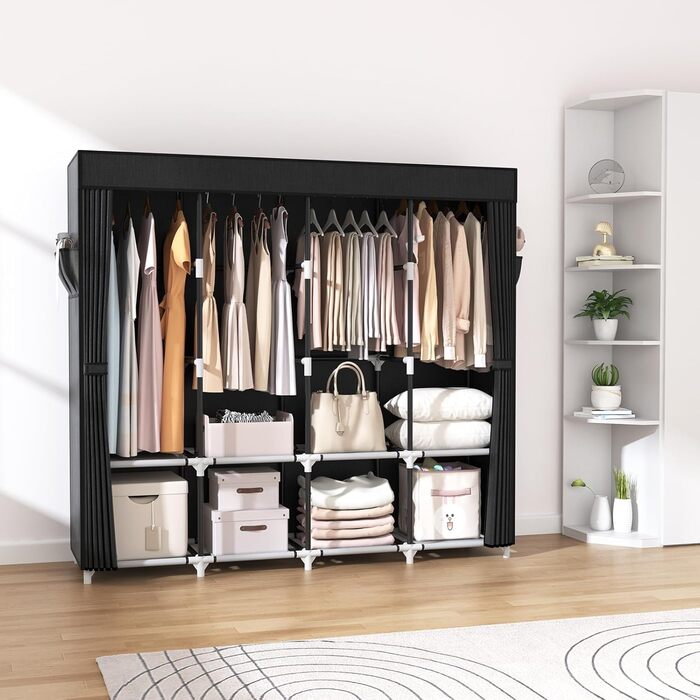 Шафа, розкладна шафа, 170*45*167 см, тканинна шафа з міцною вішалкою для одягу, з кришкою, 4 полицями для зберігання речей та 4 вішалками для одягу, текстильна шафа для спальні/підвалу (чорна)