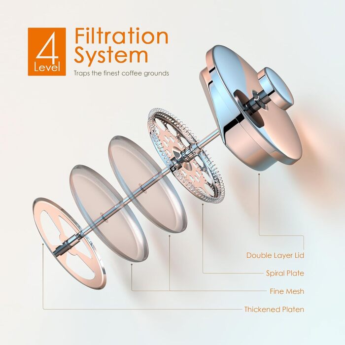 Кавоварка Enfmay French Press, 1 л френч-прес з нержавіючої сталі з 4 фільтрами та ложкою, знімна, легко чиститься, термо з ізоляцією з нержавіючої сталі для дому, подорожей та кемпінгу, срібло 1000 мл
