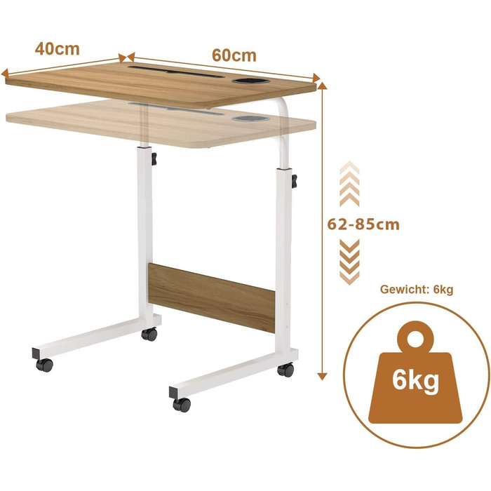 Стіл для ноутбука 60x40 см, стіл з регульованою висотою, комп&39ютерний стіл, мобільний стіл для ноутбука з поворотними колесами, слотом для карток та підставкою для чашок для спальні, офісу (колір дерева)