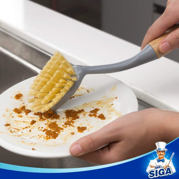 Радіальна щітка для миття посуду MR.SIGA з довгою бамбуковою ручкою, вбудованим скребком, щітка для чищення сковорідок, каструль і
