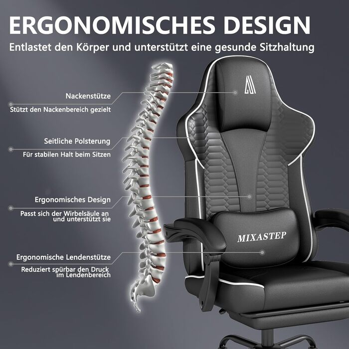 Ергономічне ігрове крісло, офісне крісло з підставкою для ніг, регульоване по висоті та нахилу, надзвичайно широке сидіння (51 см), ергономічна поперекова опора, вантажопідйомність до 150 кг, білий колір