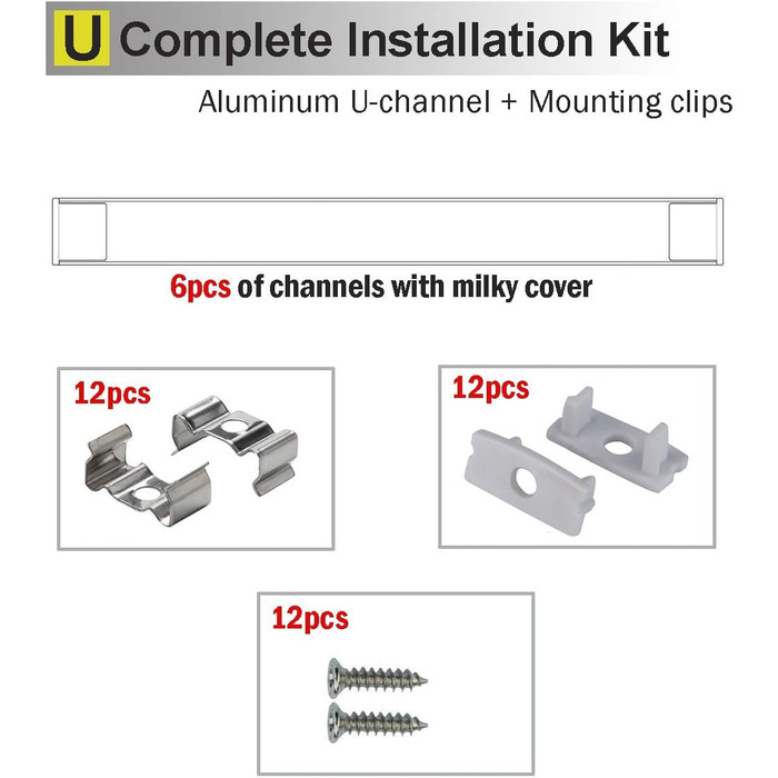 Світлодіодний профіль 6 1 м, StarlandLed 6 упаковок світлодіодний алюмінієвий профіль U-подібної форми з кришкою, торцевими заглушками та кріпильними затискачами для світлодіодних стрічок 6*1м