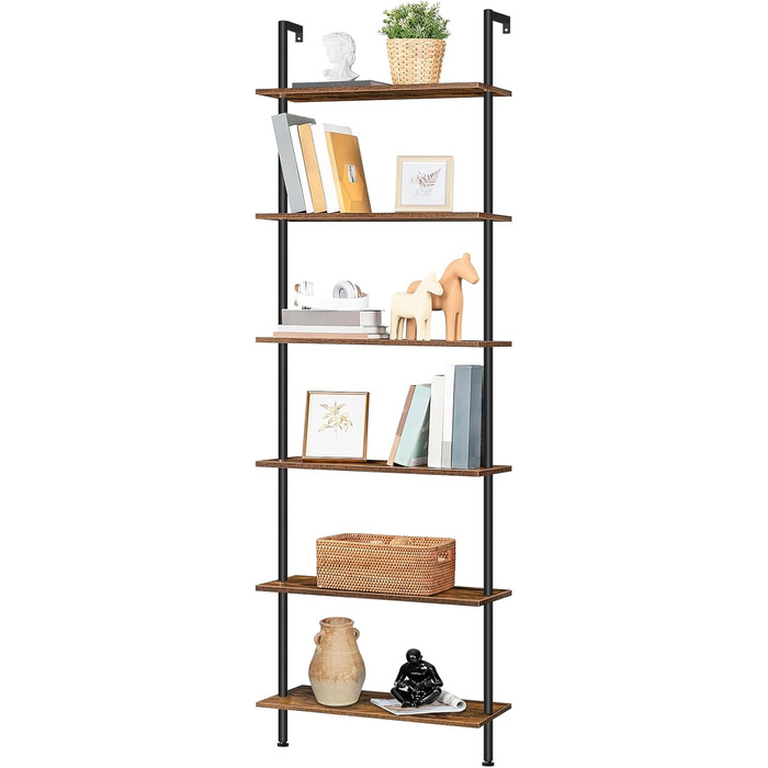 Рівнева книжкова полиця HOOBRO своїми руками, промислова драбина, полиця з ДСП, вертикальна полиця зі стабілізуючою металевою рамою, для домашнього офісу, вітальні, темно-коричневий EBF65CJ01 60 x 24 x 200,5 см темно-коричневий чорний, 6-