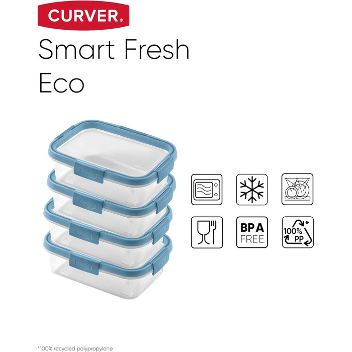 Набір контейнерів для зберігання харчових продуктів CURVER Fresh ECO з 4 предметів 1 л, виготовлений з 100 переробленого ПП, пастельно-блакитний, 4 шт. 4 шт. 1 л