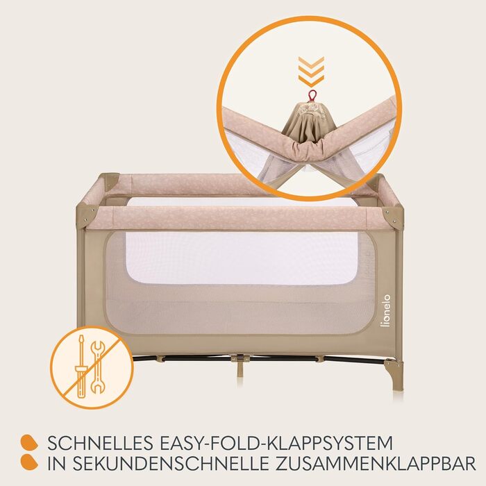 Дорожнє ліжечко Lionelo Jasmin Easy Fold для дітей вагою до 15 кг, віком від 0 до 36 місяців, матрац з пінопласту T25, 2 налаштування висоти, механізм легкого складання, бічний вхід, колеса, бежевий/пісочний