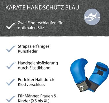 Рукавички для карате Ju-Sports з синтетичної шкіри, сині - М&39який захист рук для тренувань та змагань, аксесуар для бойових мистецтв, 2 петлі без великого пальця, XS