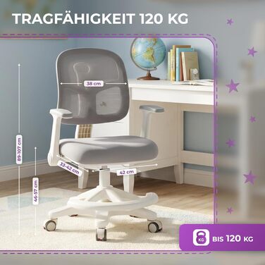 Дитяче письмове крісло Spacetronik - Ергономічне дитяче письмове крісло з 6 колесами, регульованими підлокітниками, підставкою для ніг, регульованим по висоті сидінням - 4-15 років, регульована підставка для ніг, 6 колесів, сірий