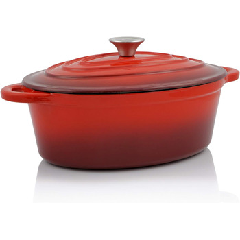 Чавунна кокотниця BBQ-Toro 4,3 л червона, овальна емальована чавунна сковорідка з кришкою чавунна каструля, підходить для індукцій