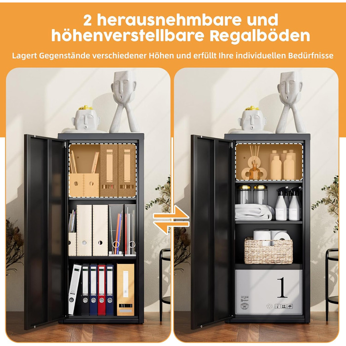 Металева шафа для документів з одними дверима, 88x40x35 см, 2 полиці з регульованою висотою, міцна металева шафка для документів, файлів та офісного приладдя (чорна)