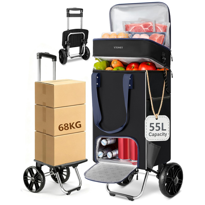 Складний візок для покупок Ytonet з термосумкою, великий водонепроникний візок на міцній основі (55 літрів / 68 кг), 3-в-1 візок-трансформер, сумка-візок та ручна сумка з великими колесами, чорний