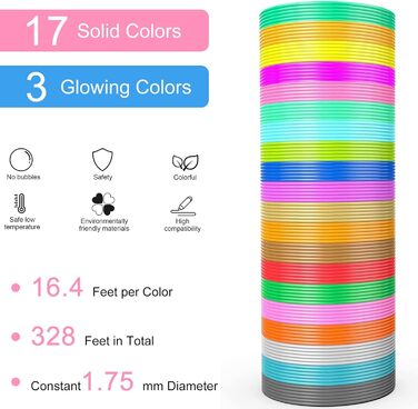 Мм, 20 кольорів, 3D Printing Filament 1,75 мм, 3D Pen Colours, Total 100M, PCL Filament Filament for 3D Printing Pen Low with 2 Finger Guards, 3D Pen PCL Filament 1,75