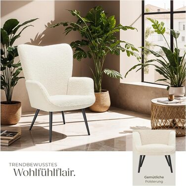 Крісло tectake у скандинавському стилі з крилами, крісло Teddy Hygge, крісло з букле для вітальні, спальні, вишукане крісло-гостина, вантажопідйомність до 150 кг без підставки для ніг, букле кремовий/чорний