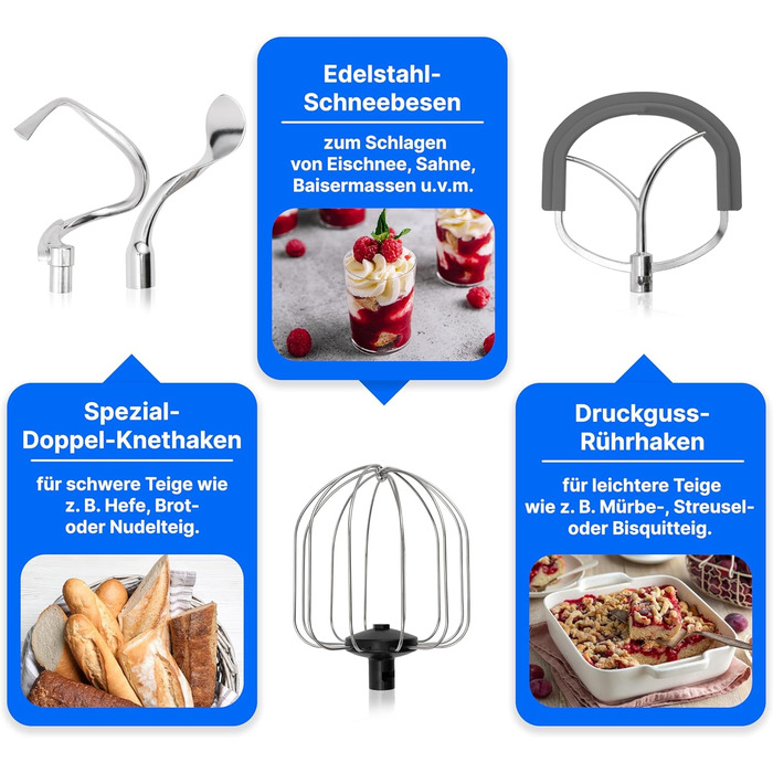 Кухонний комбайн ProfiCook з чашею з нержавіючої сталі XXXL Міксер 10 л з двигуном 1500 Вт Тістомісильна машина з гаком і віночком Машина для замішування тіста Захист від бризок з отвором для наповнення PC-KM 1096 Нержавіюча сталь 10 літрів