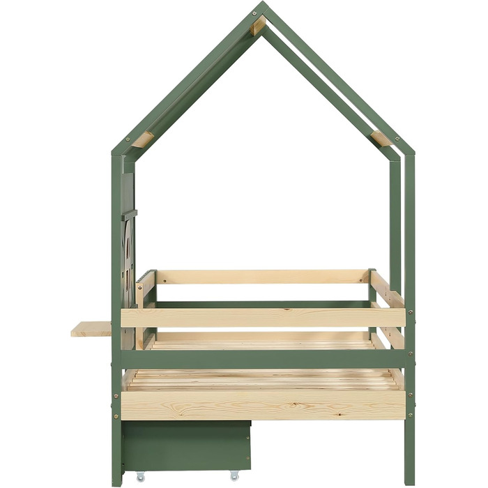 Дитяче ліжко 90x200 см, дерев&39яне ліжко з 2 шухлядами, ліжко-будиночок з дахом та вікном, каркас ліжка з рейковою основою, для дівчаток та хлопчиків, зелене, без матраца 90 x 200 см B