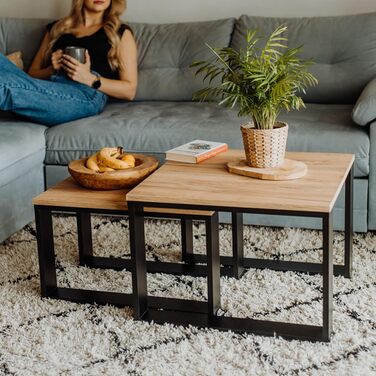 Дерев&39яний стіл для вітальні LEHMANN, комплект журнальних столиків із 2 шт. у 2 розмірах, дерев&39яний приставний столик, стіл для вітальні для дивана з чорним каркасом та дерев&39яною стільницею, комплект приставних столиків для вітальні, простий сучас