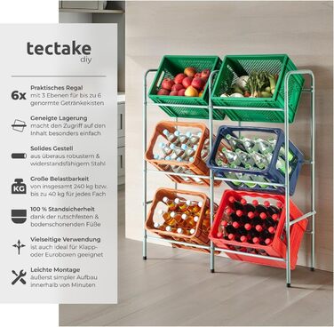 Стійка для ящиків для напоїв tectake, міцна окремостояча полиця, стійка для ящиків, полиця для коробок, стійка для ящиків для напоїв, для кухні, полиця для підвалу, полиця для зберігання, вантажопідйомність на ящик 40 кг (на 6 ящиків) 401728