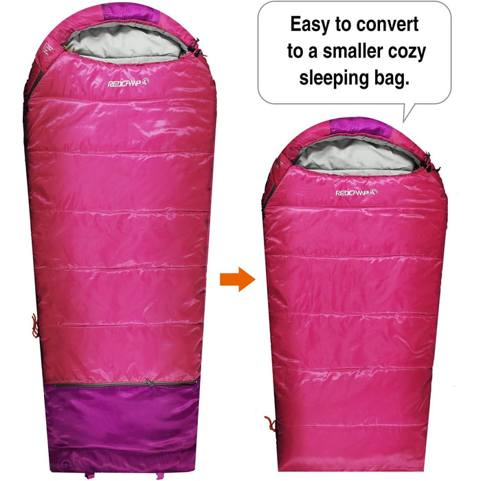 Дитячий спальний мішок REDCAMP для хлопчиків та дівчаток 175 x 65 см, матусин спальний мішок, зручний, легкий, теплий, регульована довжина, 3 сезони, підходить для кемпінгу та активного відпочинку, синій/рожевий. Наповнювач 0,1 кг.