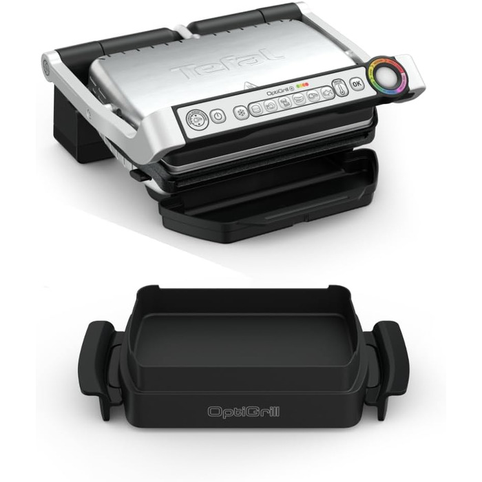 Контактний гриль Tefal OptiGrill & Bake з деком для випікання, 6 програм, індикатор рівня приготування, знімні пластини, електричний гриль, нержавіюча сталь, GC714D10, срібло