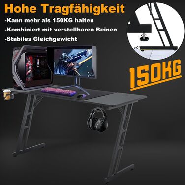 Ігровий стіл UISEBRT, Ігровий комп&39ютерний стіл з вуглецевим волокном - Ергономічний ігровий стіл до 150 кг для спальні та офісу - 140x60x74 см 140x60x74 см без світлодіодного підсвічування