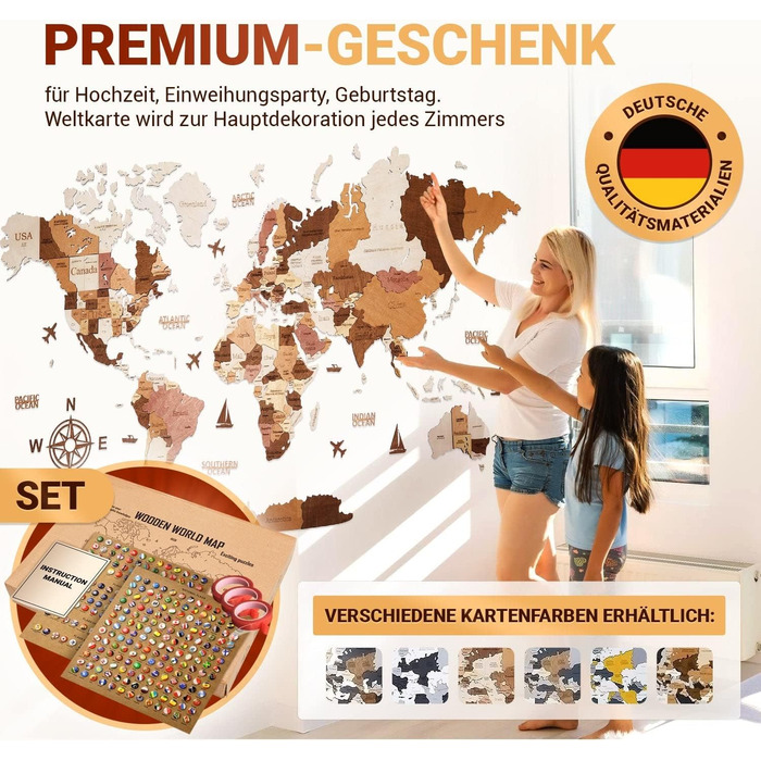 Преміальна 3D дерев&39яна карта світу настінна прикраса німецькою мовою зі шпильками Кріплення на стіну без інструментів Ідея подарунка на будь-яку подію Дерев&39яна настінна прикраса для дому та офісу (колір дерева, 160x85 см) 160Д x 85Ш см, колір дерева