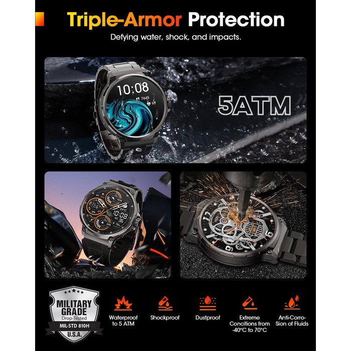 Чоловічий військовий смарт-годинник з великим HD-дисплеєм 1,92 дюйма, акумулятором 1000 мАг, фітнес-годинник з понад 120 спортивними режимами, водонепроникністю 5 атм, функцією телефону, пульсометром, монітором сну, спортивним годинником для iOS та Androi