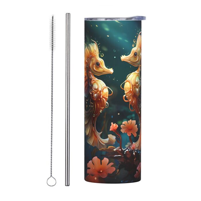 Кухоль з прямою трубочкою, мила пара морських коників, друкований дизайн, дорожній кухоль, підходить для кемпінгу, офісу та дому, 590 мл