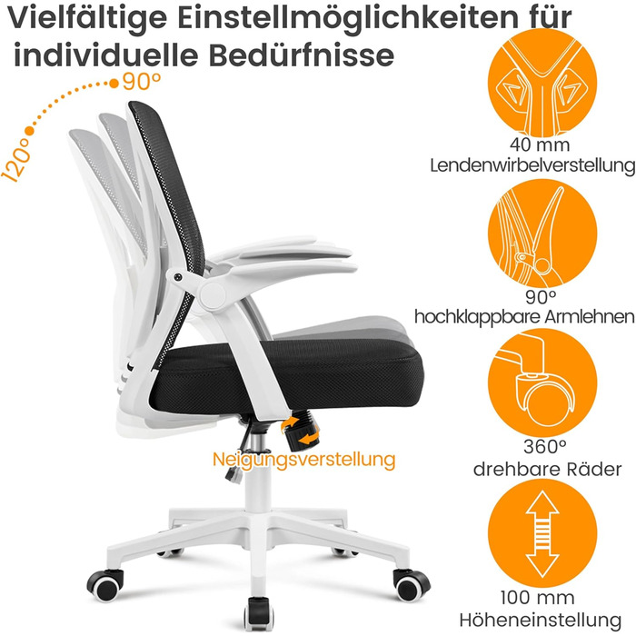 Офісний стілець Yaheetech, стілець для роботи з відкидними підлокітниками, обертовий стілець із сітки, ергономічний офісний стілець, регульована поперекова опора, функція гойдання, регульована висота (білий)