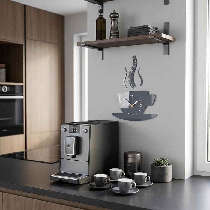 Настінний годинник FLEXISTYLE Time for Coffee для сучасної кухні, сірий, 3D римські цифри, декор для стін, 32 x 19 см