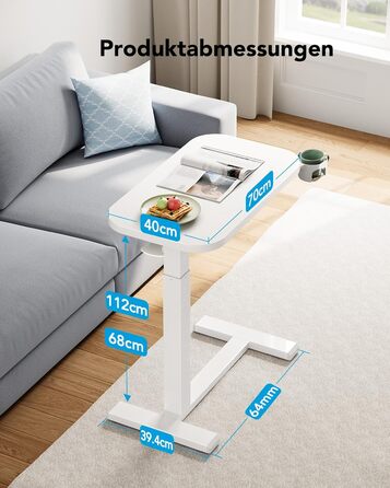 Журнальний столик HUANUO з колесами, регульований по висоті бічний столик зі стільницею 70 x 40 см, мобільний пневматичний невеликий столик для ноутбука з підставкою для чашок для домашнього офісу, білий 70 x 40 см