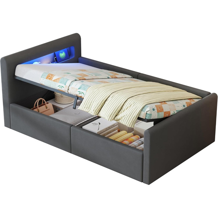 Дитяче ліжко okwish з м&39якою поверхнею, 90x200 см, дитяче ліжко з гідравлічним відділенням для зберігання, світлодіодним нічником та USB-портом, оксамитова тканина, темно-сірий колір, без матраца, темно-сірий 90 x 200 см