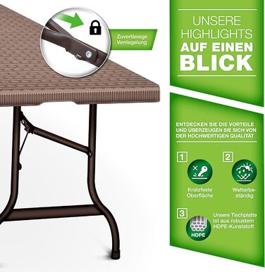 Складаний садовий стіл tillvex, вигляд з ротанга, 180x75 см Буфетний стіл з ручкою для перенесення Складаний стіл для саду, патіо та балкону Кемпінговий стіл на 6 осіб, коричневий