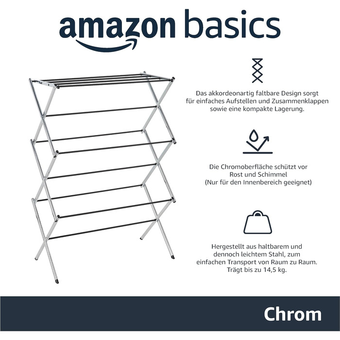Складана сушарка для одягу-гармошки Storeo Basics, легована сталь, для використання в приміщенні, для одягу, хромована, одинарна