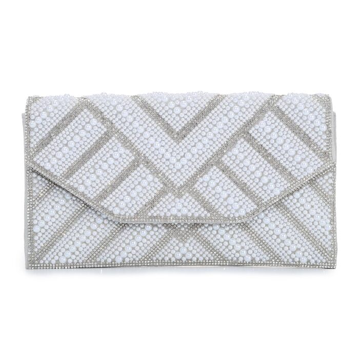 Клатч жіночий з перлами та стразами Перлина - елегантна вечірня сумочка на ланцюжку для весілля, випускного та святкових заходів, сріблястий