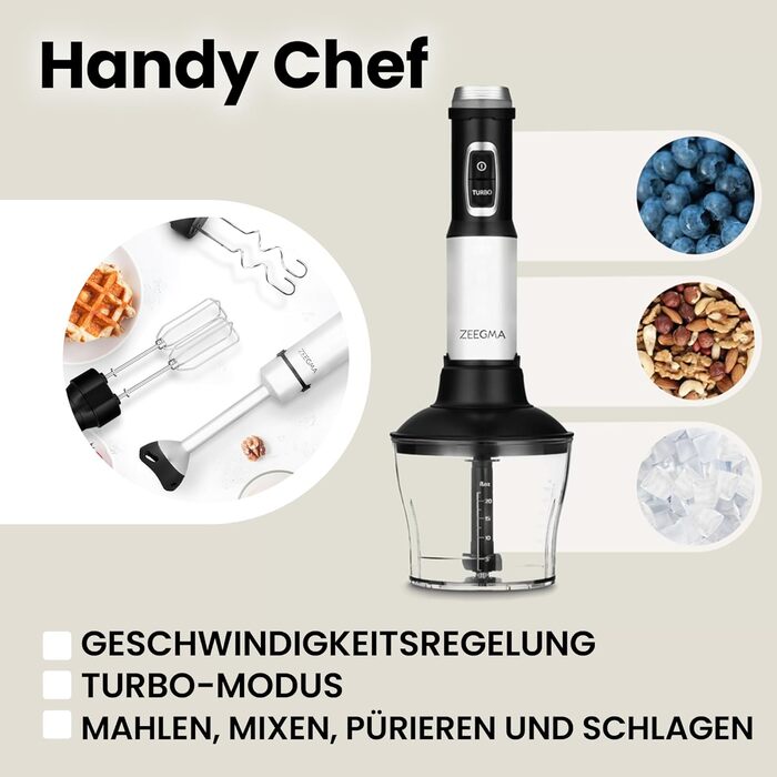 Ручний блендер ZEEGMA Handy Chef 5в1 багатофункціональний 1500 Вт, набір насадок блендер, блендер, віночок, гачок для змішування, кухонний комбайн 0,6 л, контейнер 0,8 л, турборежим, регулювання швидкості