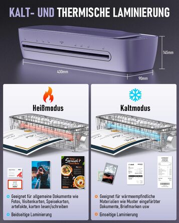 Ламінатор A3 з 30 ламінувальними пакетами, гарячий та холодний ламінатор для паперів A3, A4, A5 та A6, ламінатор 9-в-1 з різаком для паперу та закруглювачем кутів, ламінатор для школи, дому, офісу та файлів (фіолетовий)