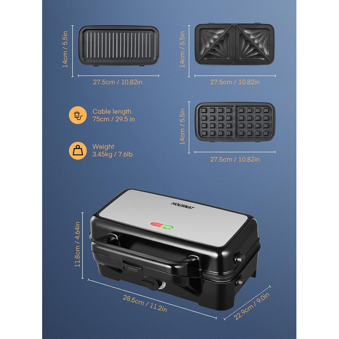 Сендвіч-машина HOUSNAT 3 в 1 - вафельниця, контактний гриль, сендвіч-машина - 1200 Вт з 5-швидкісним регулюванням температури - для бельгійських вафель - Антипригарне покриття - ідеально підходить для сніданку, кемпінгу та багато іншого Чорний