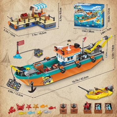 Конструктор HiWEEGO City Fishing Boat Shipyard Boat Construction Kit HG1047, 762 деталі, плавучий човен