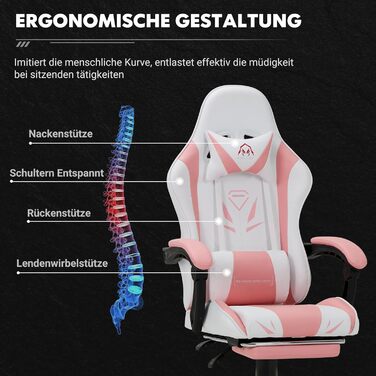 Ігрове крісло COLAMY, комп&39ютерне крісло з підставкою для ніг та поперековою опорою, регульоване по висоті ігрове крісло з поворотним на 360 сидінням та підголівником, крісло для відеогеймерів, ергономічна висока спинка, рожевий сучасний колір