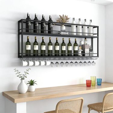 Промислова настінна винна підставка з тримачем для келихів, чорний металевий тримач для пляшок, багатофункціональна винна підставка, 2-ярусна, для домашнього бару, їдальні, кухні (1002065 см)