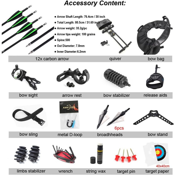 Набір складених луків JUNXING X8 – регульований 20–70 lb для полювання, дорослих, молоді, початківців, стрільби з лука на свіжому повітрі, лівий/правий, чорний