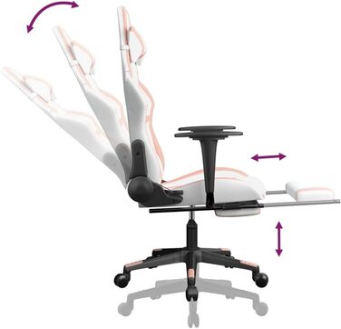 Геймерське крісло з підставкою для ніг з білої та рожевої штучної шкіри, регульована спинка та висота, функція повороту на 360 градусів, міцний металевий каркас, ергономічне сидіння.