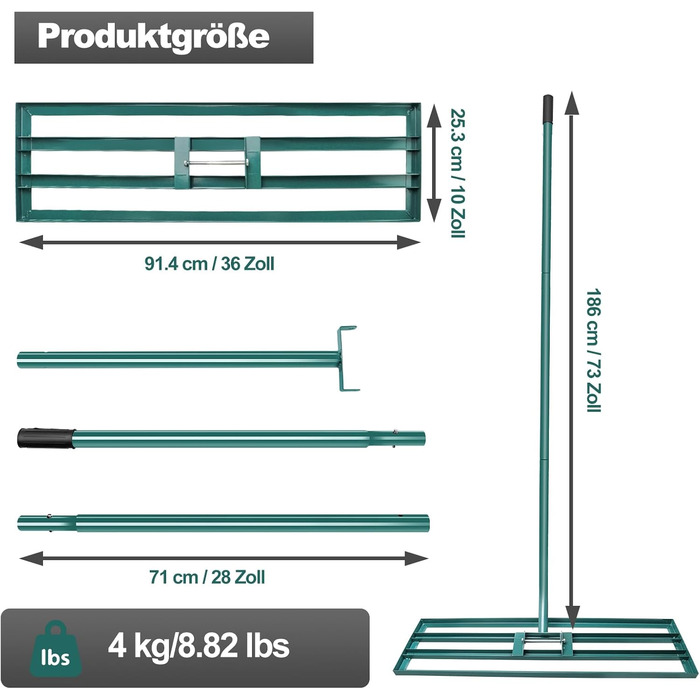 Гребінь для вирівнювання газону, 925 см, інструмент для догляду за газоном з регульованою ручкою 186 см, садовий рівняючий грабель для ґрунту, саду, двору, догляду за газоном (36 x 10 дюймів)