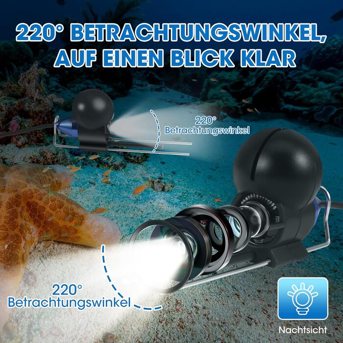 Ехолот, підводна рибальська камера, ширококутний інфрачервоний нічний бачення, підводний ехолот з HD-камерою 220 та 30-метровим кабелем для всіх водойм - рибальська камера для рибалок та шукачів пригод