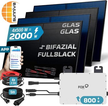 Двофазна балконна електростанція SUNNIVA 2000 Вт, повністю чорна, з розеткою, інвертор FOXESS 800 Вт, фотоелектрична сонячна система, 4 сонячні модулі зі скла по 500 Вт, включаючи кабель 5 м, Bluetooth WIFI, повний комплект