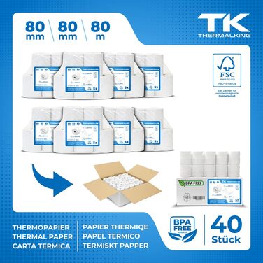 Термопапір THERMALKING у рулонах 80 мм x 80 мм x 12 мм для чекових принтерів, таких як Epson, IBM тощо - Рулони чеків 80x80x12 Термопапір - Рулони касового апарату Термопапір - Підходить для систем друку з вимогами до паперу до 80 м (40 шт.) 80 мм - Ø80 м