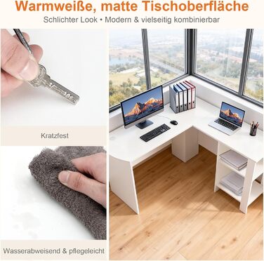 Г-подібний стіл Sweetcrispy з полицею та шафою, 130x130x74 см, кутовий стіл, міцний ігровий стіл з місцем для зберігання, легке складання, білий 130x130x74 см